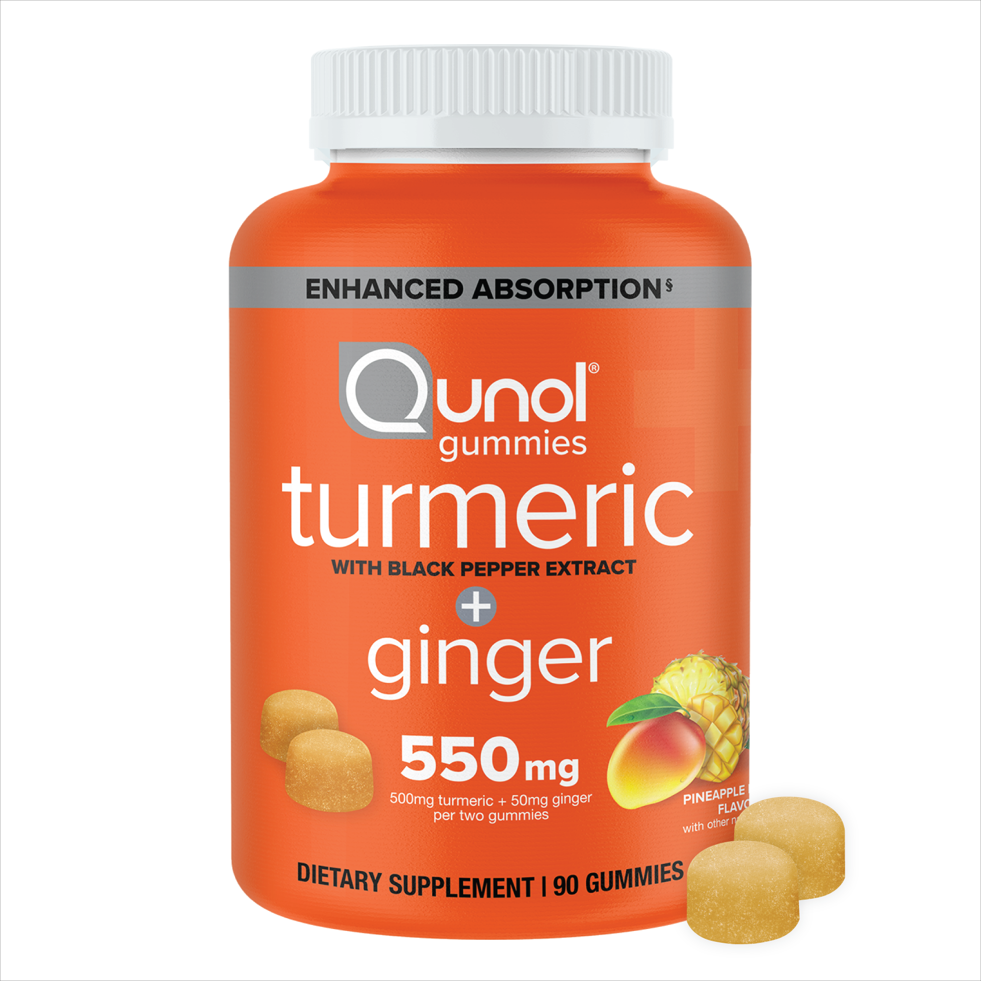 Turmeric + Ginger + Black Pepper Gummies, 550 mg, Pineapple Flavor