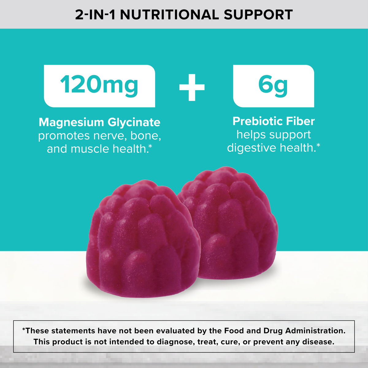 Magnesium Glycinate + Fiber Gummies, 120mg Magnesium, 6g Fiber