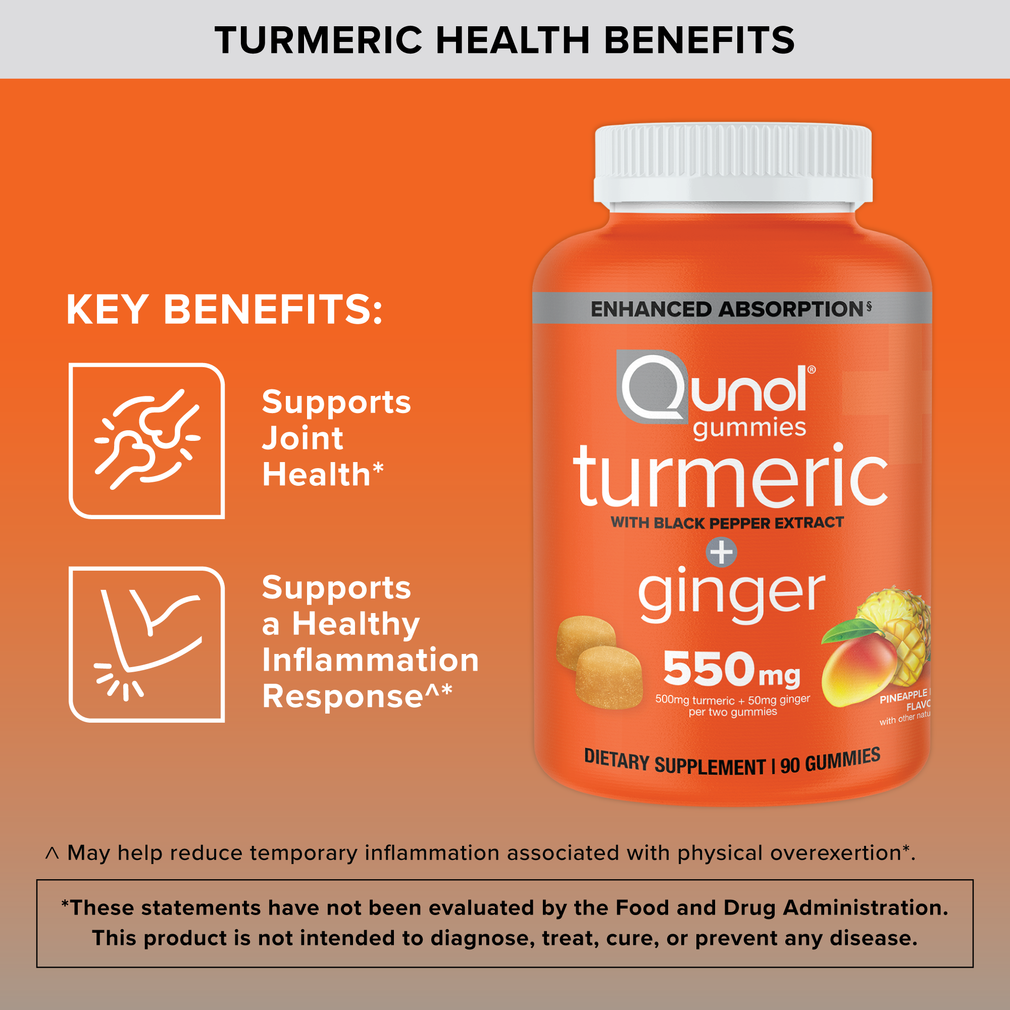 Turmeric + Ginger + Black Pepper Gummies, 550 mg, Pineapple Flavor