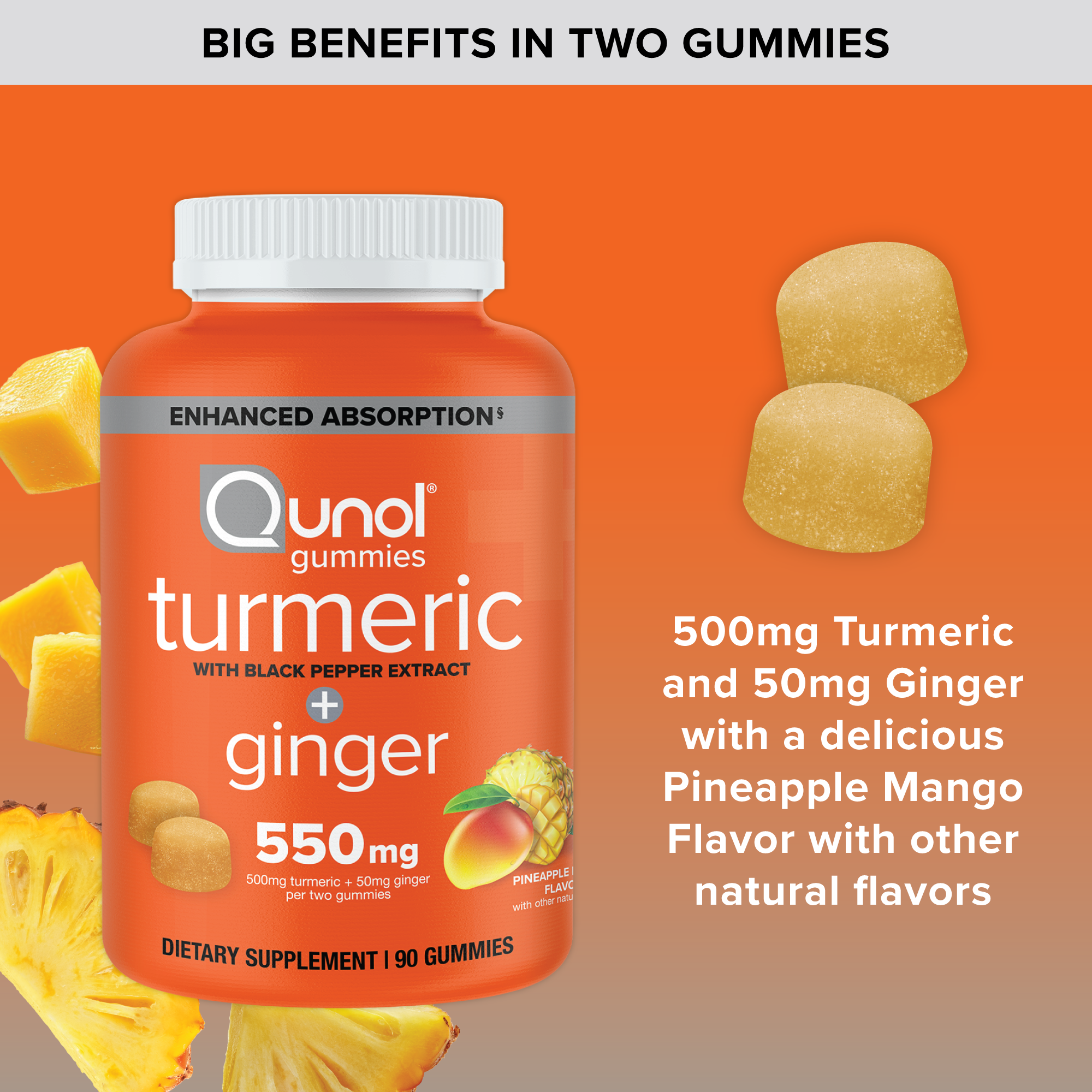Turmeric + Ginger + Black Pepper Gummies, 550 mg, Pineapple Flavor